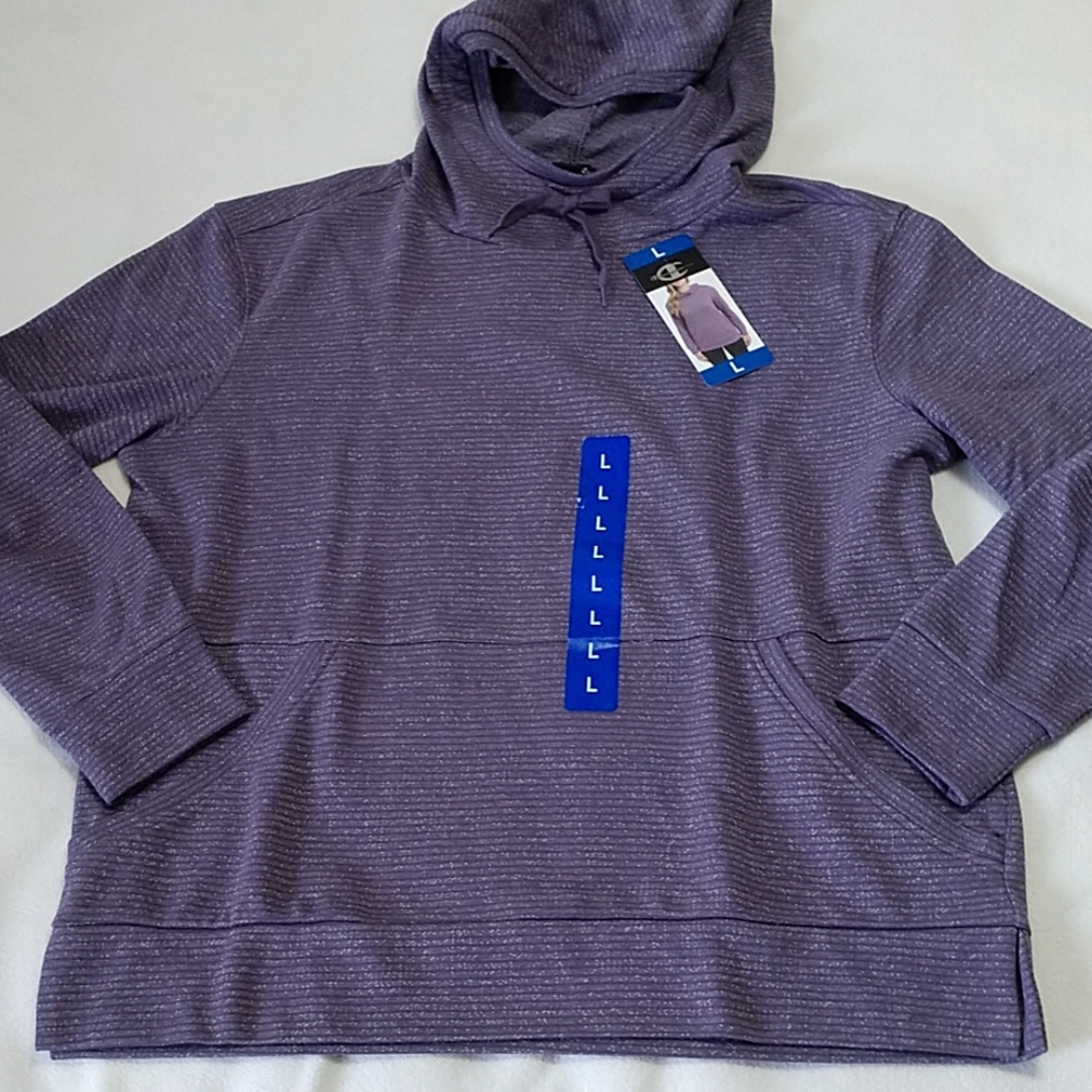 NEW Champion Hoodie Purple Kanga Pouch Pullover Long Sleeve Split Hem Women's Lg